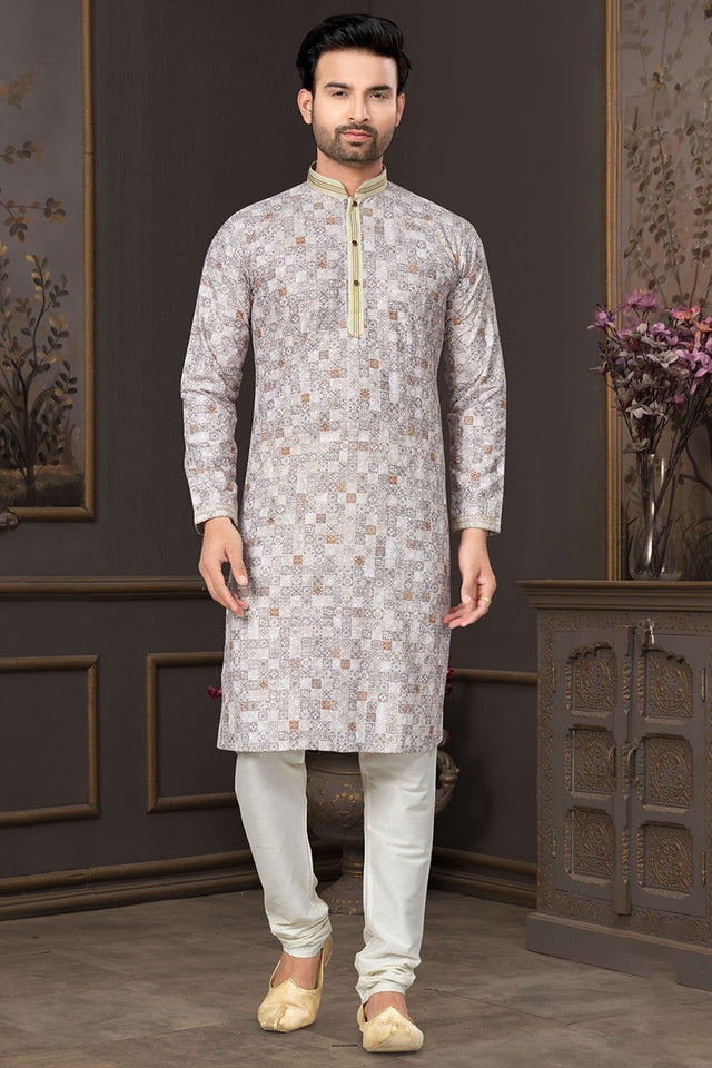 Brown Printed Cotton Kurta Pyjama Set