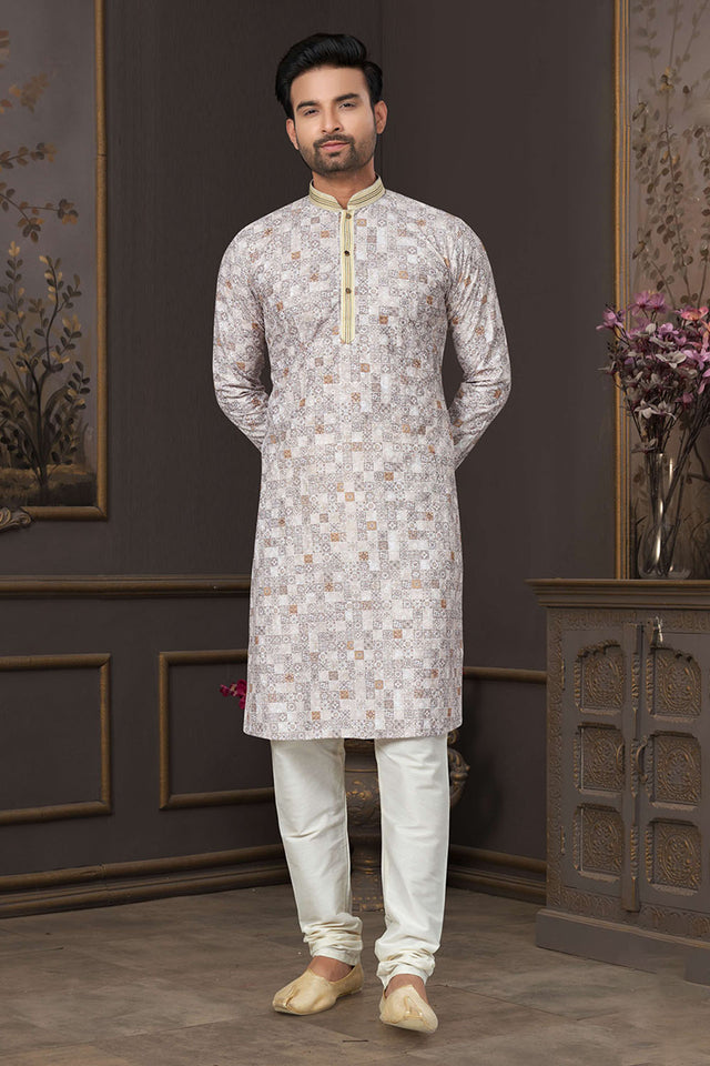 Brown Printed Cotton Kurta Pyjama Set