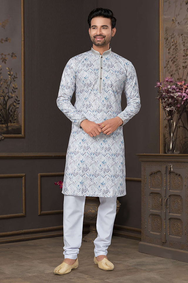 Grey Printed Cotton Kurta Pyjama Set
