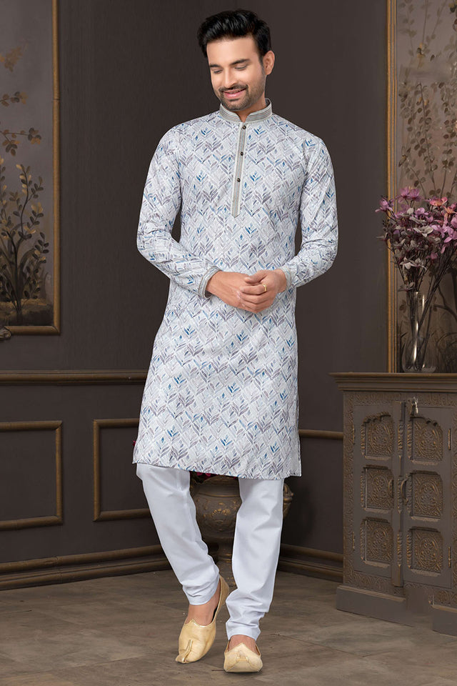 Grey Printed Cotton Kurta Pyjama Set
