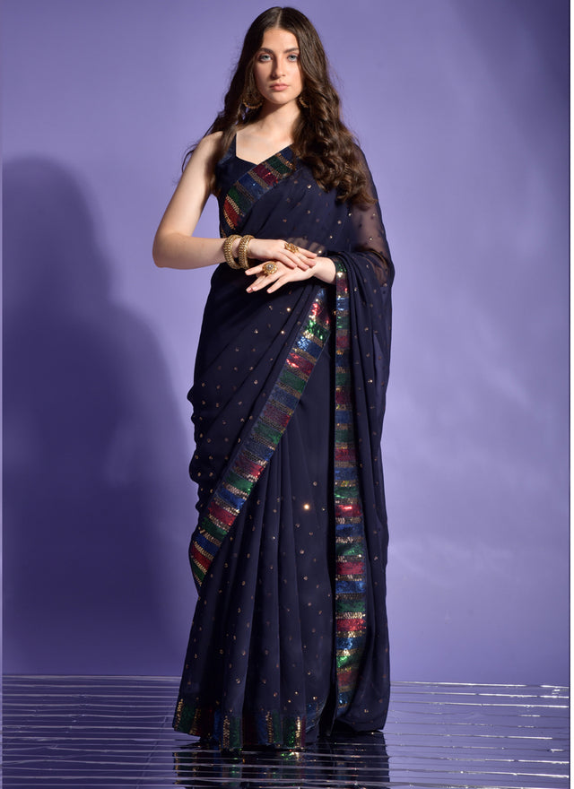 Blue Georgette Embroidered Saree (7002-A)