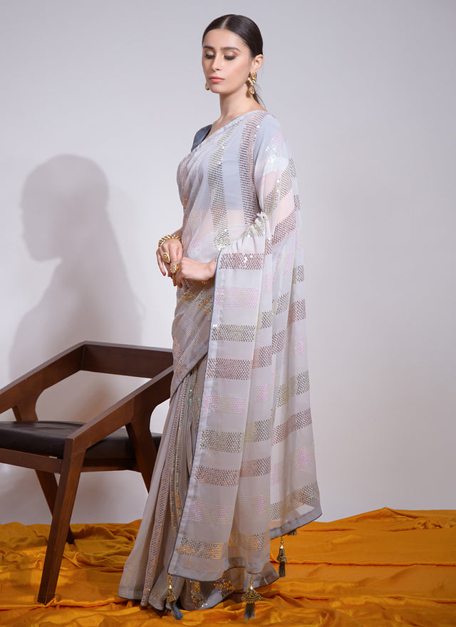 White Georgette Embroidered Saree (7003-B)