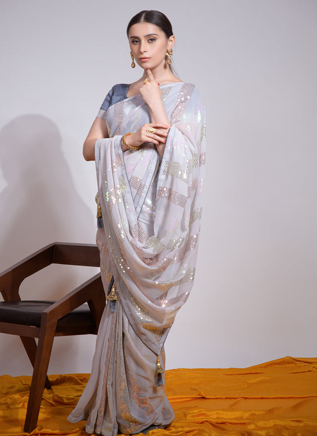 White Georgette Embroidered Saree (7003-B)