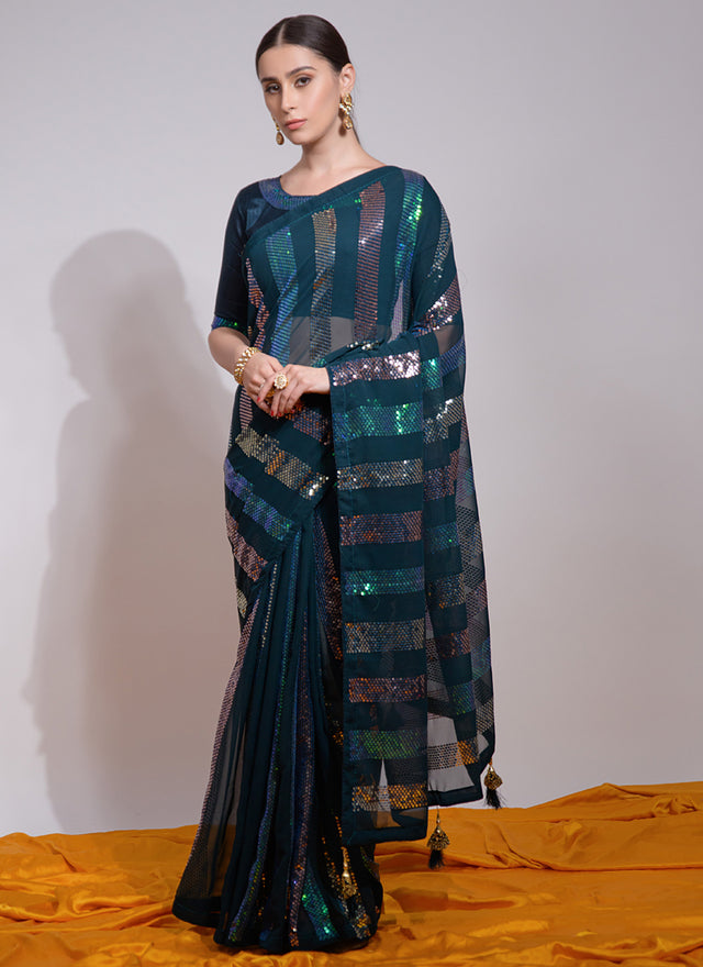 Teal Georgette Embroidered Saree (7003-C)