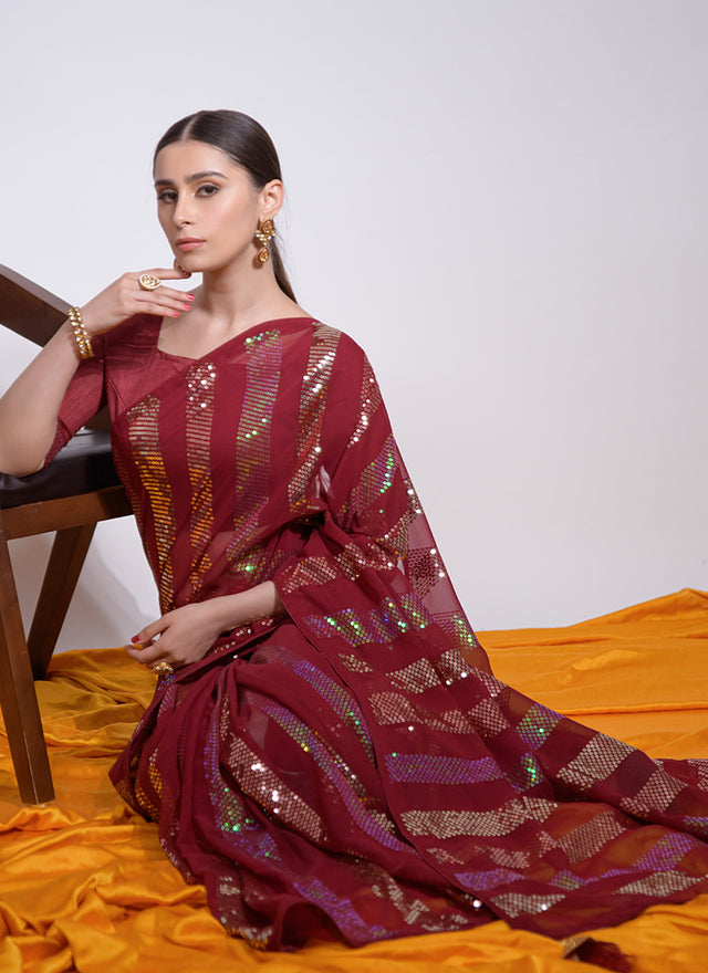Red Georgette Embroidered Saree (7003-D)