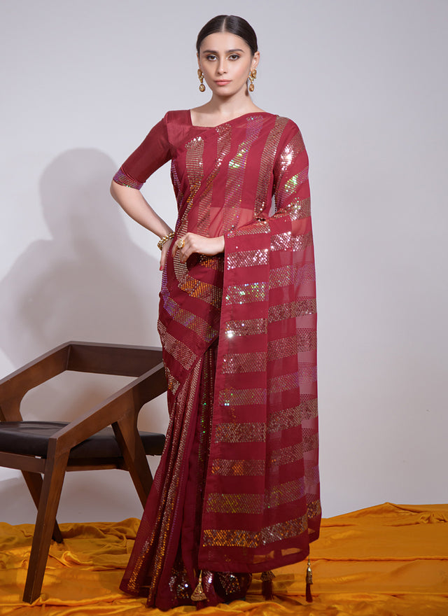 Red Georgette Embroidered Saree (7003-D)