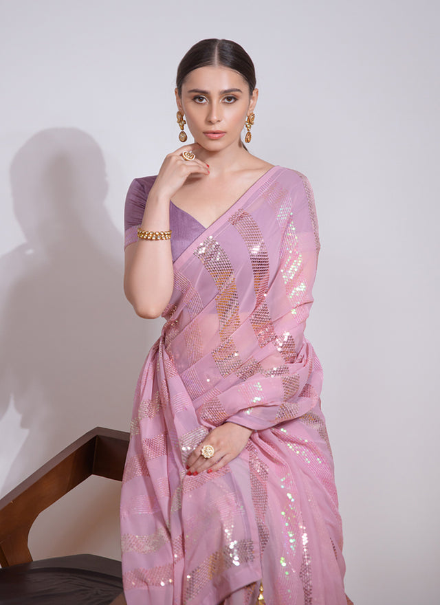 Light Pink Georgette Embroidered Saree (7003-E)