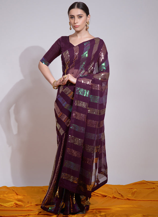 Wine Georgette Embroidered Saree (7003-F)