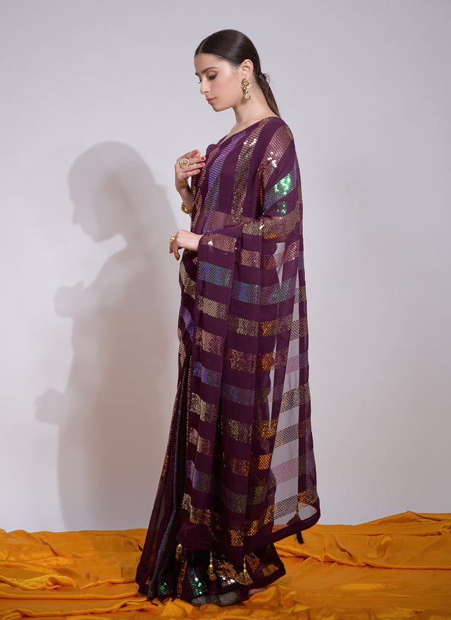 Wine Georgette Embroidered Saree (7003-F)