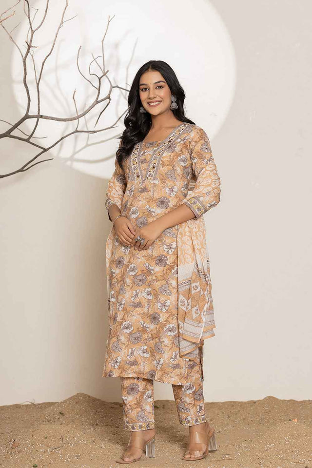 Yellow Floral Print Pure Cotton Kurti Pant Set