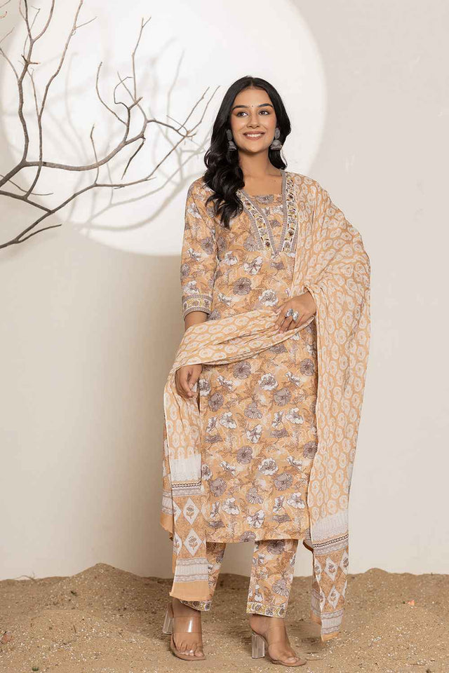 Yellow Floral Print Pure Cotton Kurti Pant Set