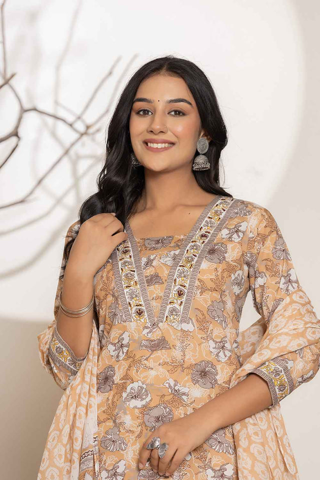 Yellow Floral Print Pure Cotton Kurti Pant Set