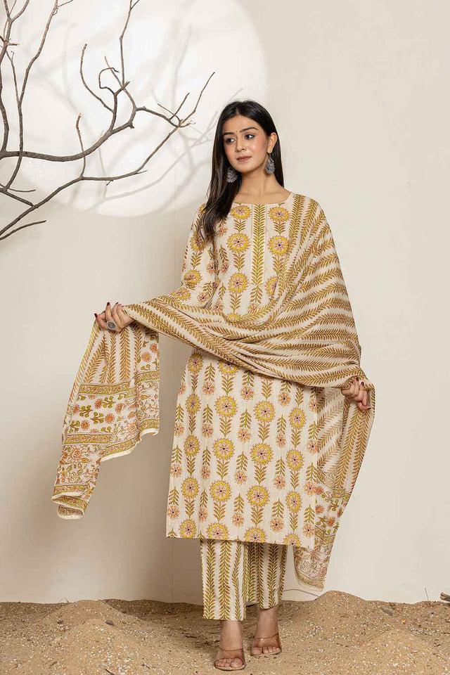 Mustard Floral Printed Cotton Kurti Pant Set