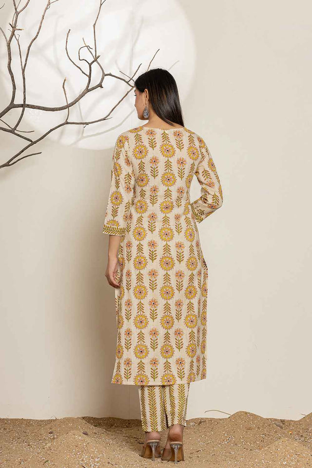 Mustard Floral Printed Cotton Kurti Pant Set