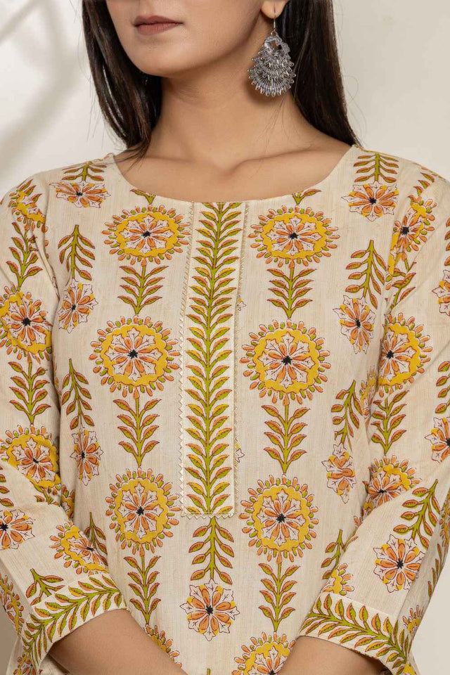 Mustard Floral Printed Cotton Kurti Pant Set