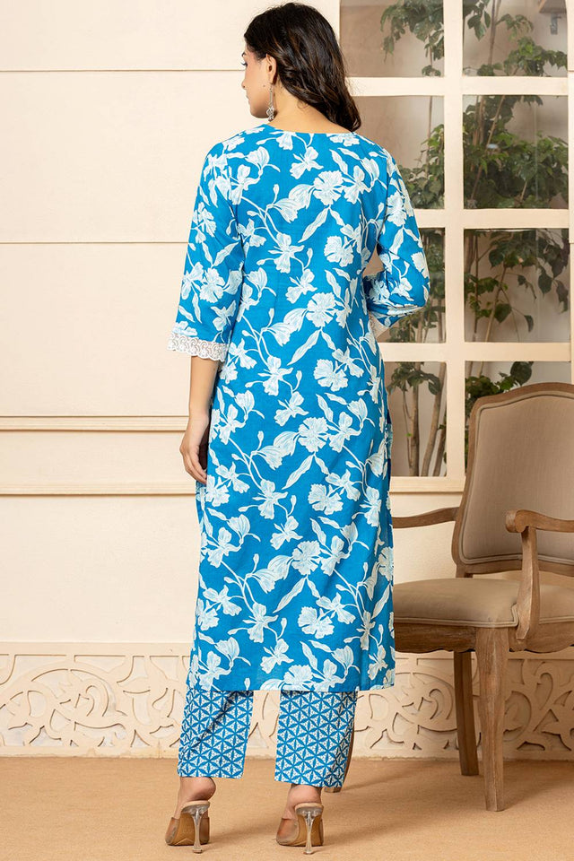 Blue Floral Printed Cotton Straight Cut Suit Set
