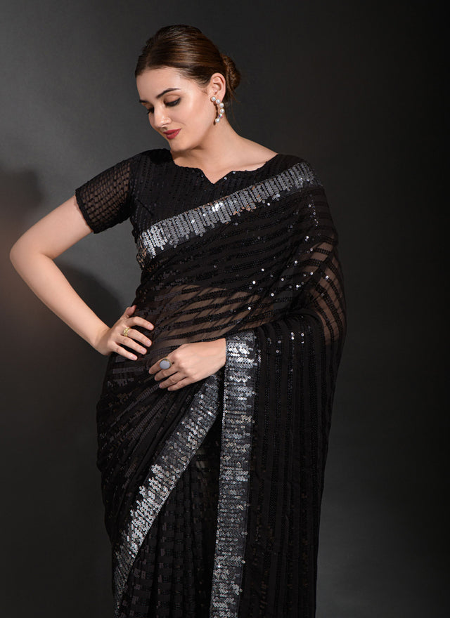 Black Georgette Sequins Saree (7010-B)