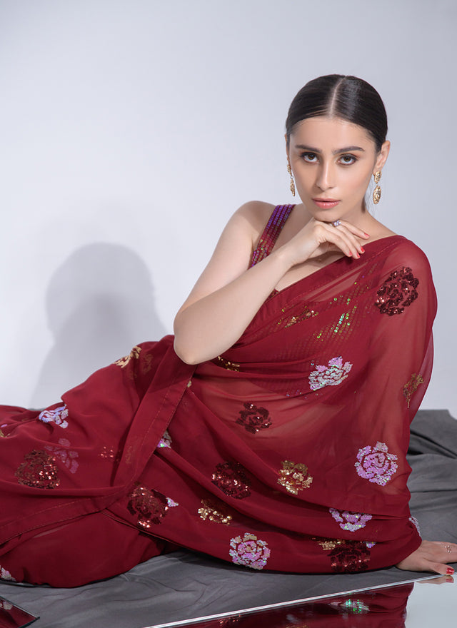 Red Georgette Flower Sequins Saree (7012-B)
