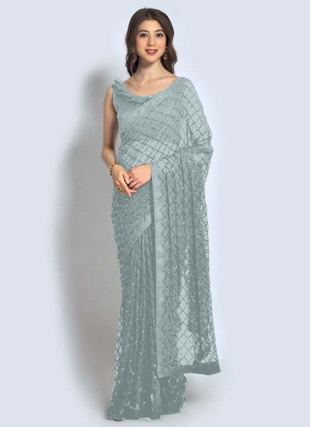 Grey Georgette Sequins Saree