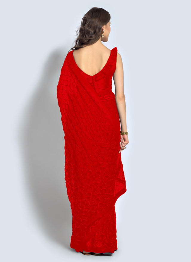 Red Georgette Sequins Saree (7020-H)