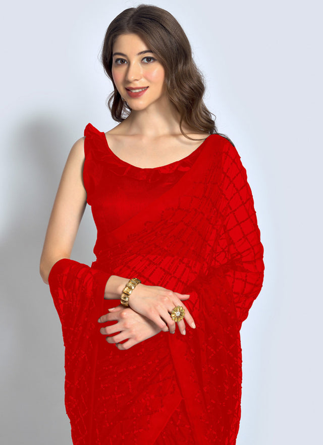 Red Georgette Sequins Saree (7020-H)