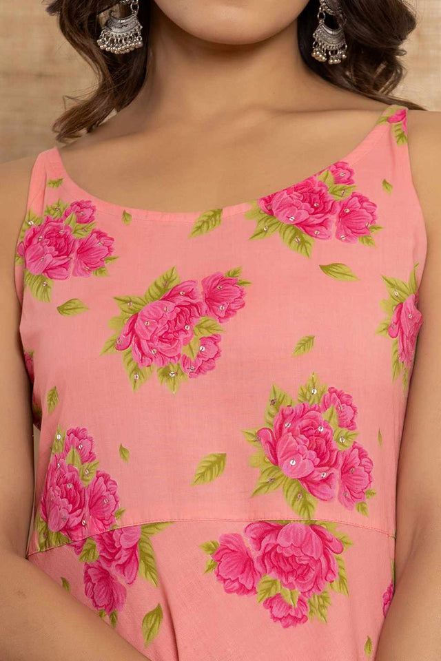 Peach Floral Print Cotton Kurti Pant Set