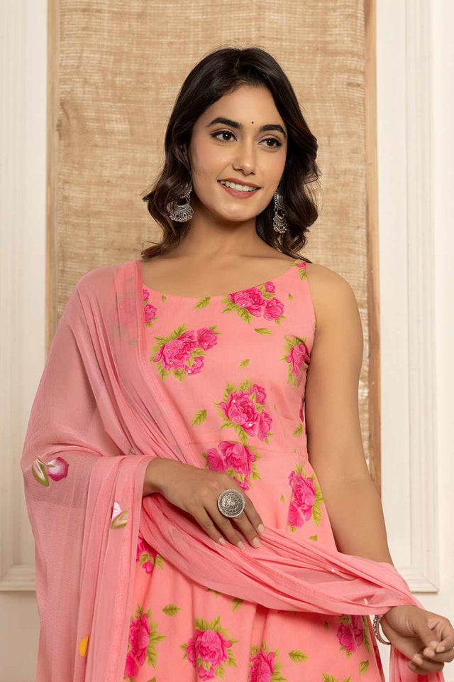 Peach Floral Print Cotton Kurti Pant Set