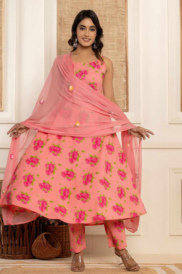 Peach Floral Print Cotton Kurti Pant Set
