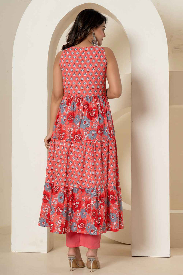 Pink Floral Print Sequins Work Pure Cotton Kurti Pant Set