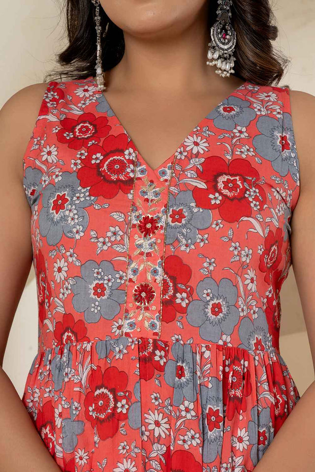 Pink Floral Print Sequins Work Pure Cotton Kurti Pant Set