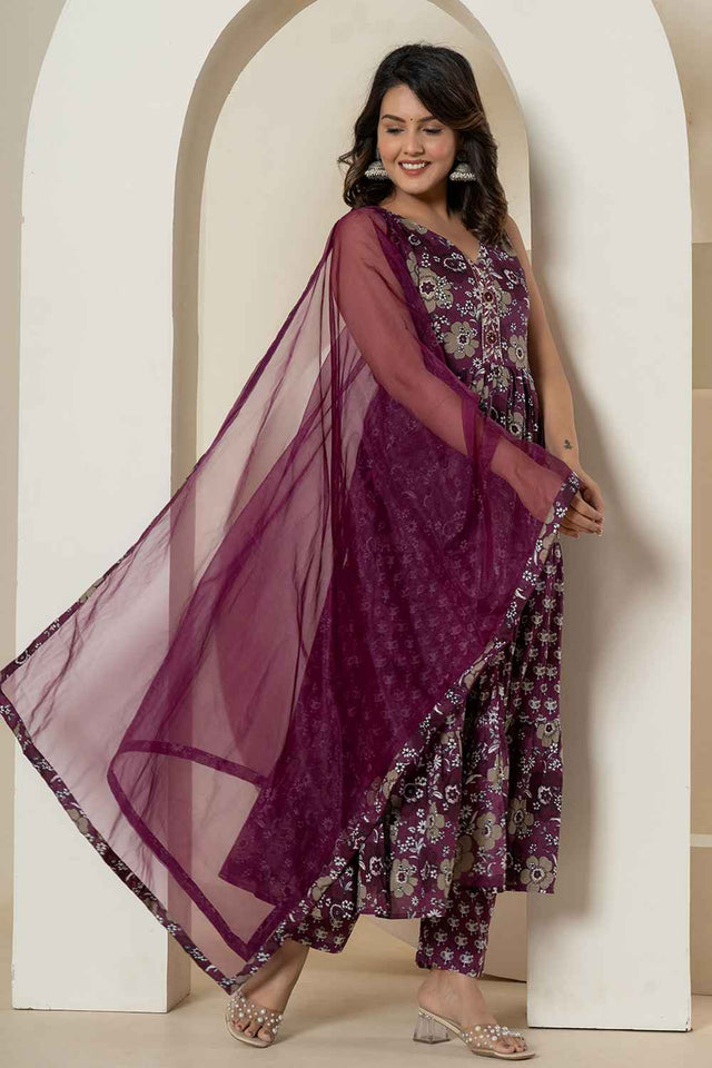 Violet Floral Print Sequins Work Pure Cotton Kurti Pant Set