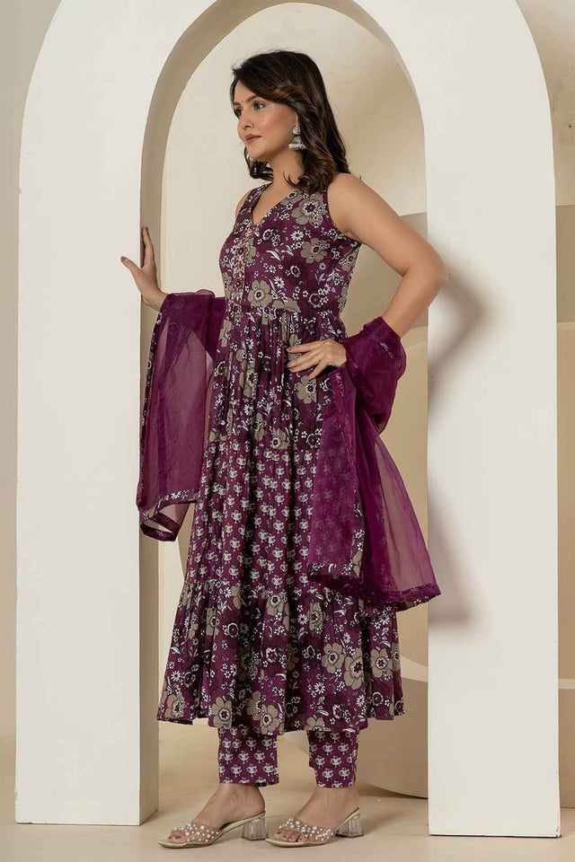 Violet Floral Print Sequins Work Pure Cotton Kurti Pant Set