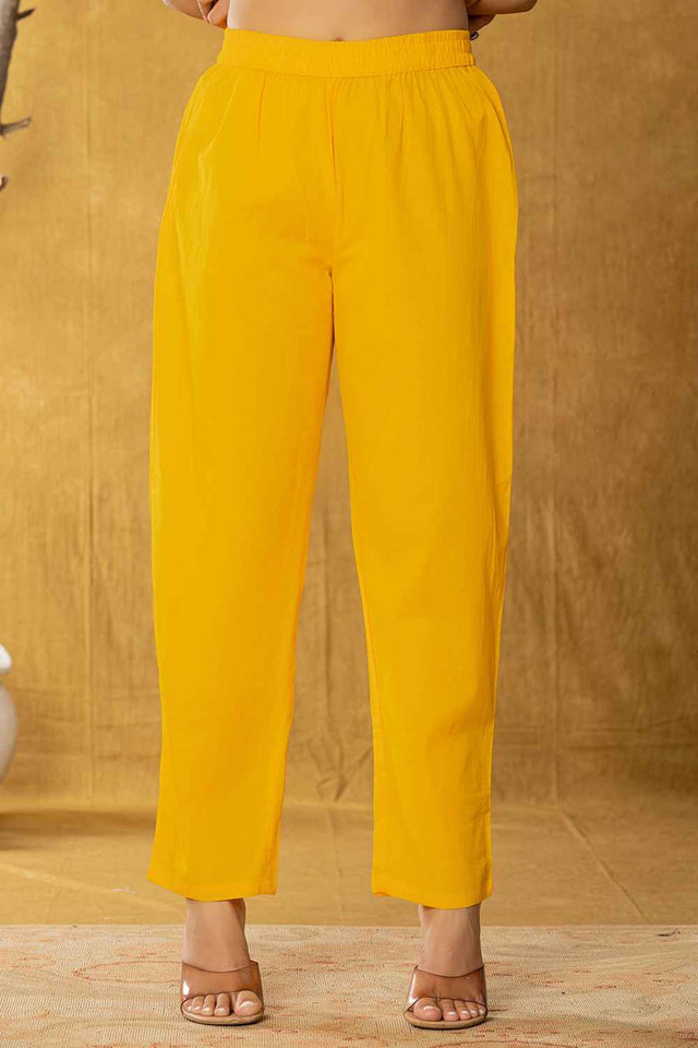 Yellow Floral Print Sequins Work Pure Cotton Kurti Pant Set