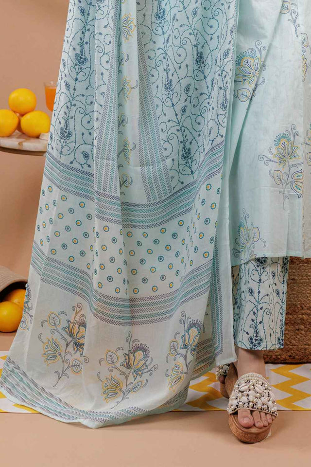 Blue Floral Print Pure Cotton Kurti Pant Set