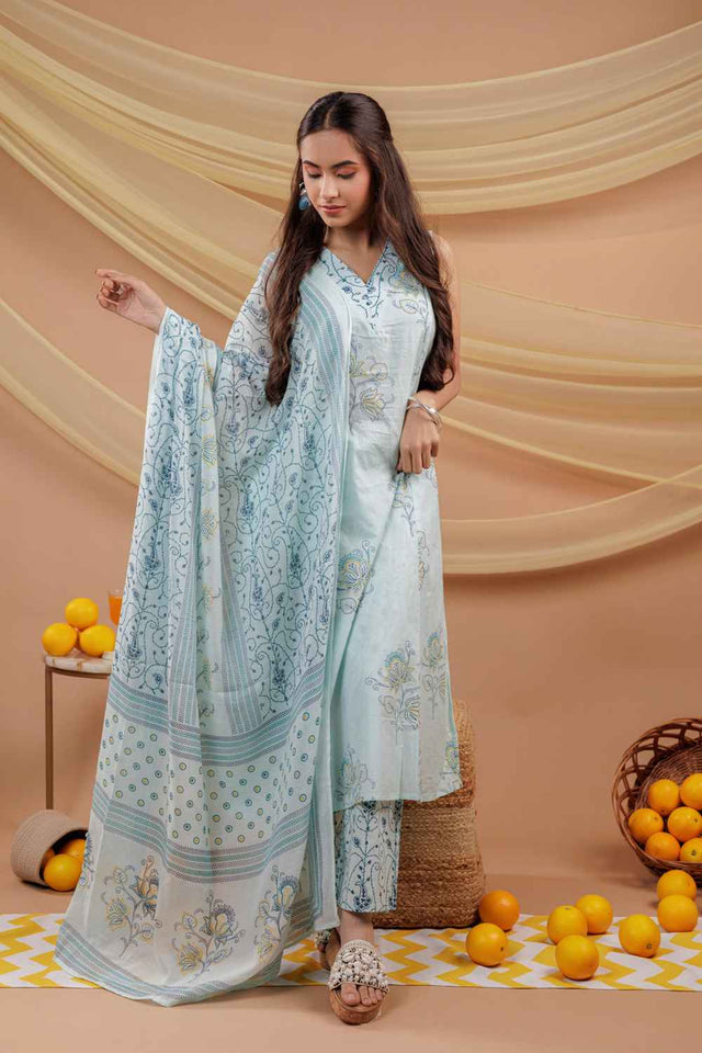 Blue Floral Print Pure Cotton Kurti Pant Set