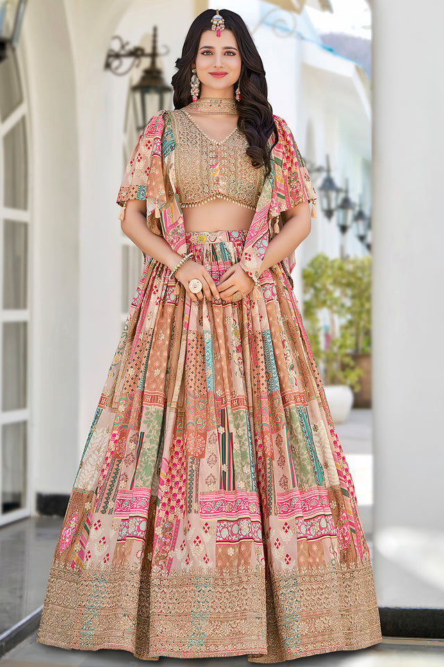 Beige Printed with Sequin Chinon Silk Lehenga