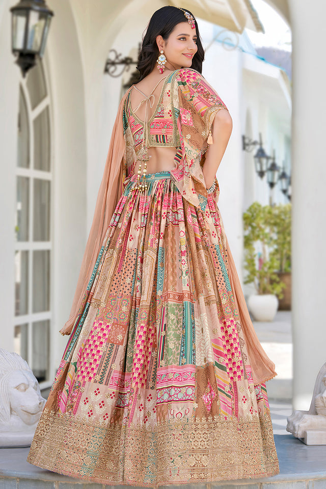 Beige Printed with Sequin Chinon Silk Lehenga