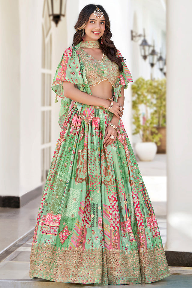 Green Printed with Sequin Chinon Silk Lehenga