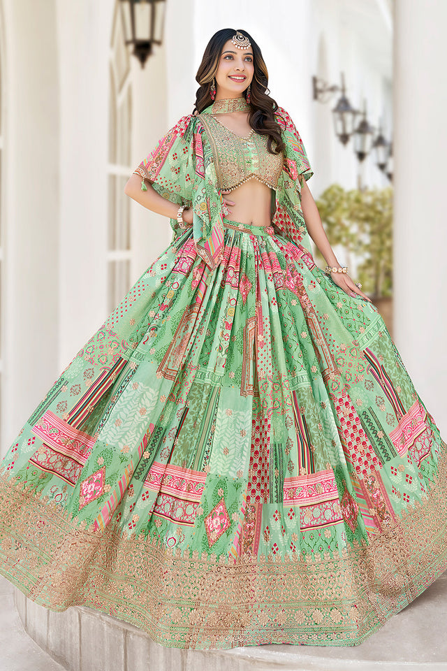 Green Printed with Sequin Chinon Silk Lehenga