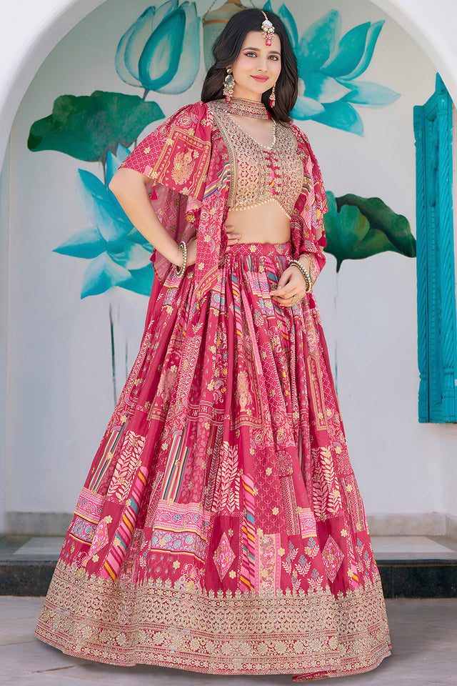 Pink Printed with Sequin Chinon Silk Lehenga