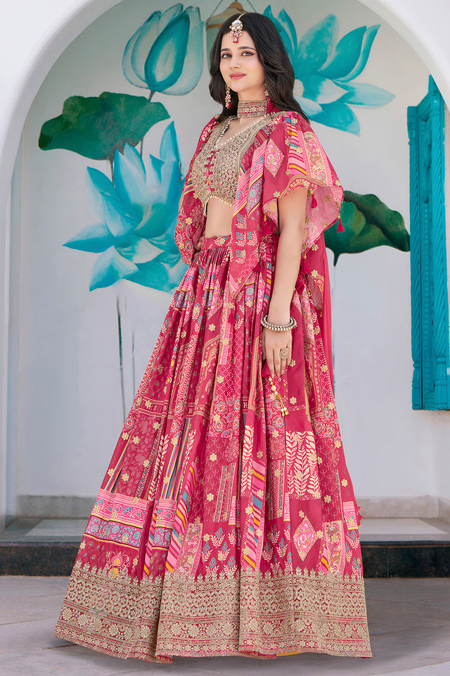 Pink Printed with Sequin Chinon Silk Lehenga
