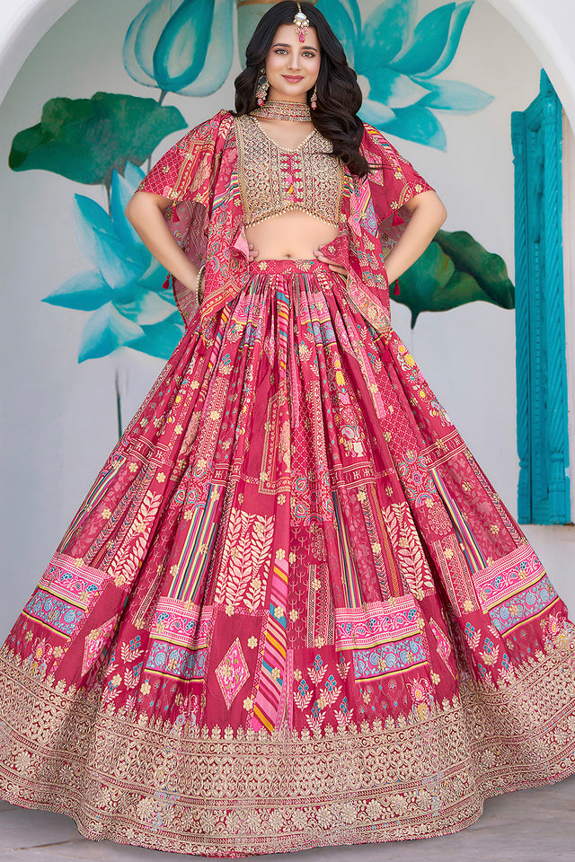 Pink Printed with Sequin Chinon Silk Lehenga
