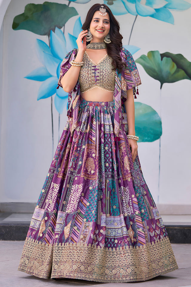 Violet Printed with Sequin Chinon Silk Lehenga