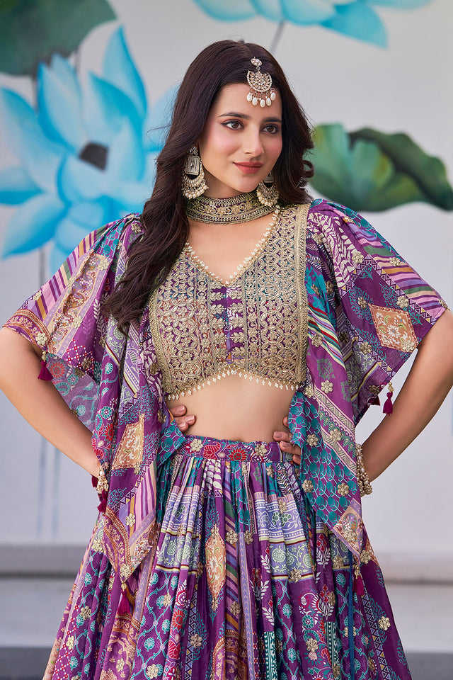 Violet Printed with Sequin Chinon Silk Lehenga