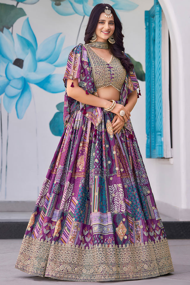 Violet Printed with Sequin Chinon Silk Lehenga