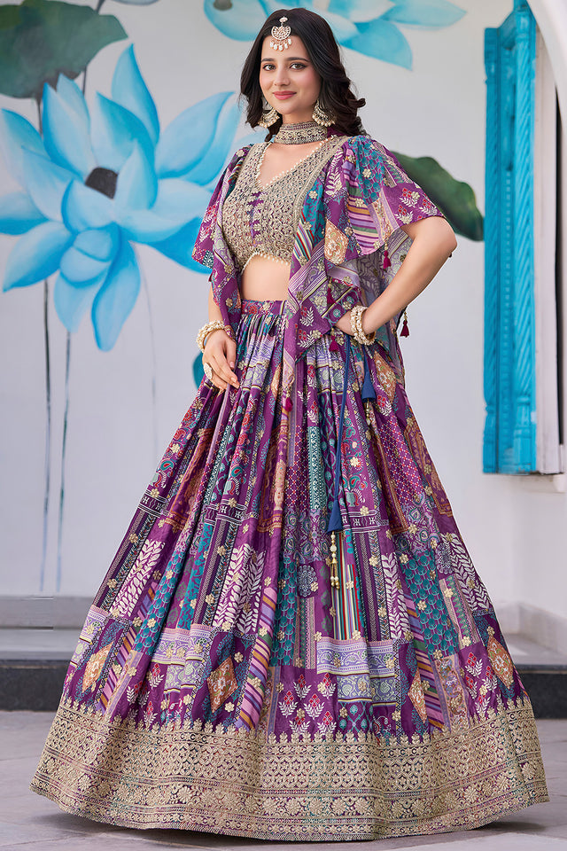 Violet Printed with Sequin Chinon Silk Lehenga