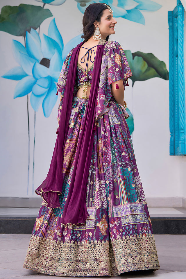 Violet Printed with Sequin Chinon Silk Lehenga