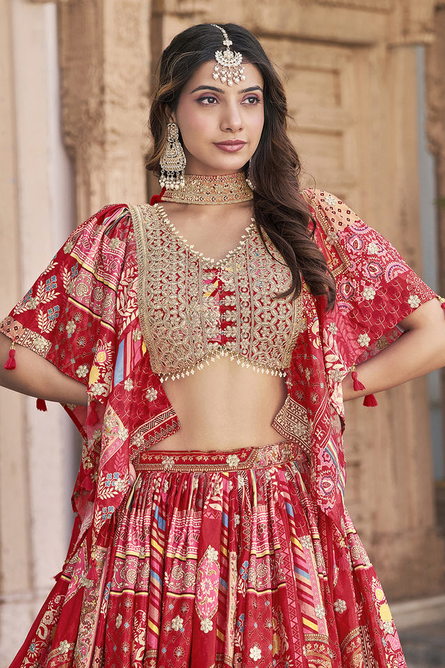 Red Printed with Sequin Chinon Silk Lehenga