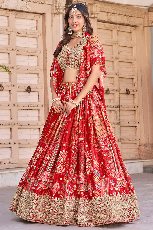 Red Printed with Sequin Chinon Silk Lehenga