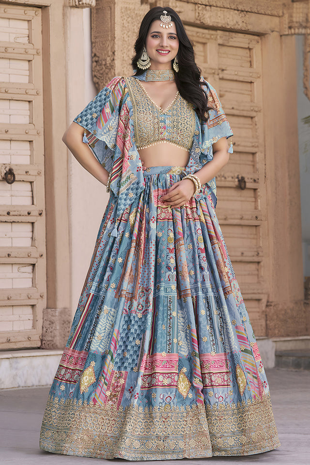 Light Blue Printed with Sequin Lehenga